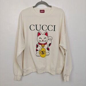 Goodie Cucci Lucky Cat Sweatshirt XL Cream Graphic Parody Streetwear Humor